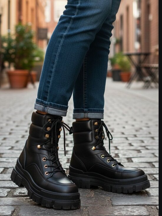 Shoes - Chunky Black Combat Style Lace-Up Boots With Gold Eyelets For Women